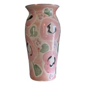 Pottery Vase Floral Pink Flowers Abstract Art Spring Decoration 10.75" Tall